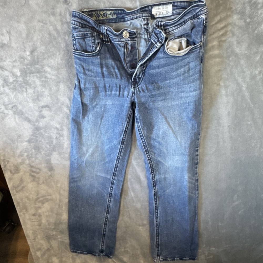 Axel Slim Boot Bootcut Blue Cotton Denim Jeans Button Zip Embroidered 32x32 Mens